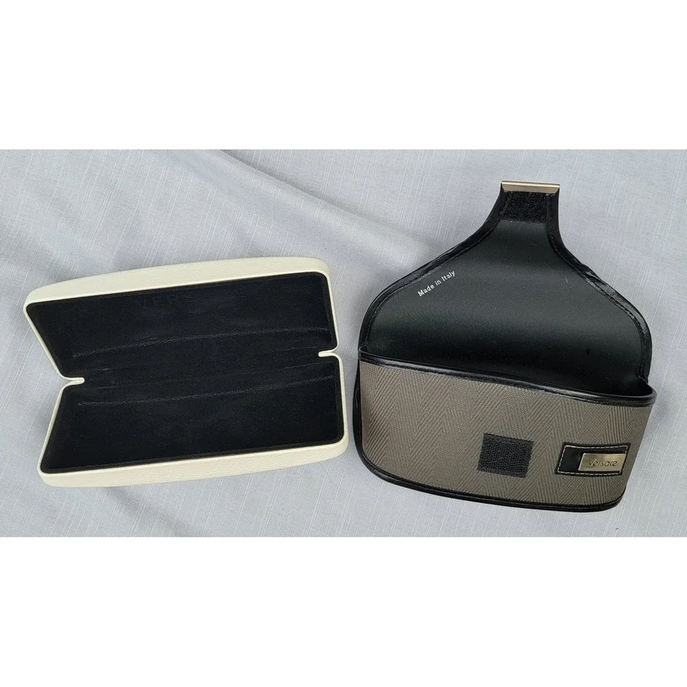 Versace Eyewear Case Set of 2 Cream Hard Shell and Grey Chevron Soft Case Italy